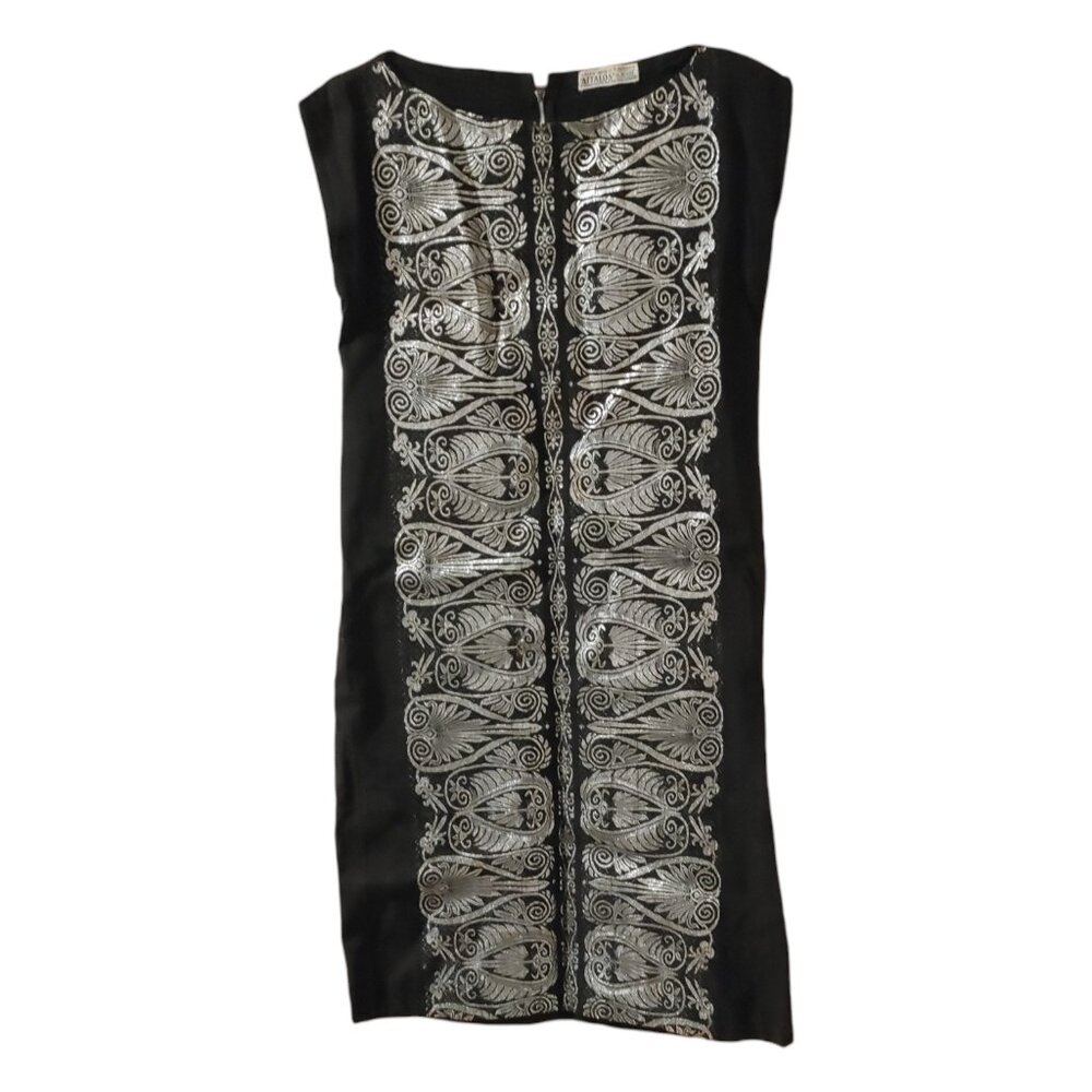1960s Vintage Black with Silver Design Shift Dress and Sash/Headband Size Medium